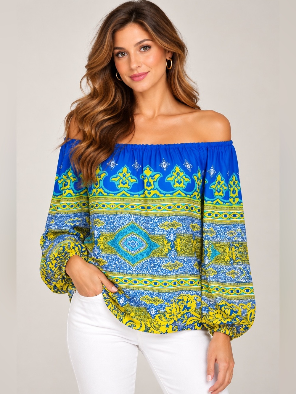 Hale Bob 100% Silk, Oversized Blue & Yellow Patterned Blouse, On/Off Shoulder S
